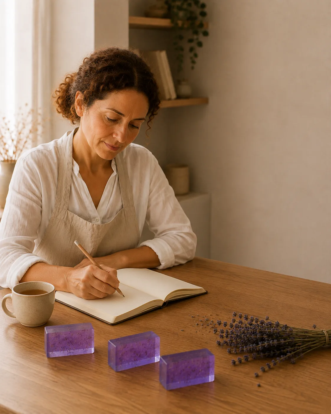 Mujer escribiendo en un cuaderno junto a una taza de té, con jabones artesanales terminados y una estantería de libros de fondo