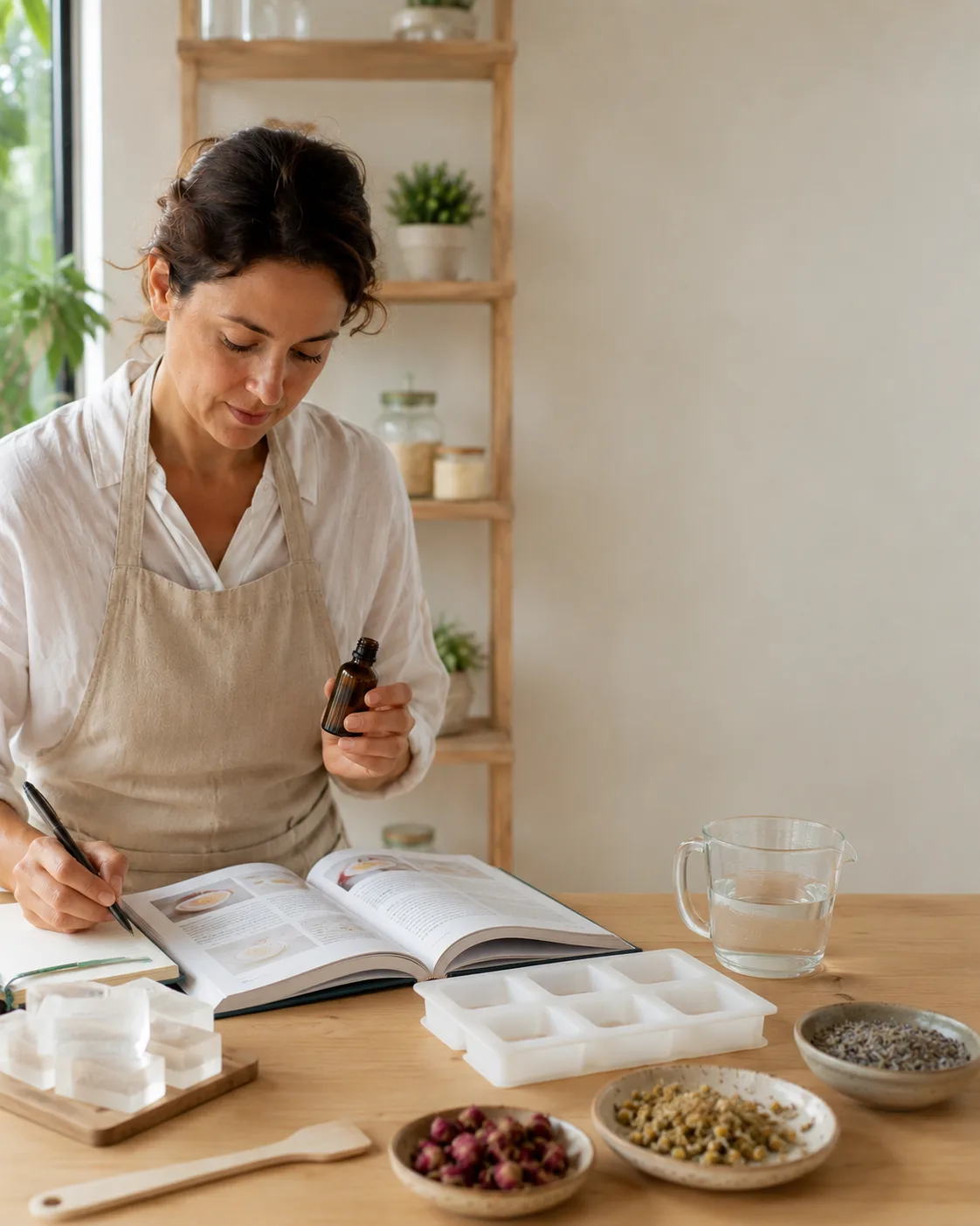 Mujer leyendo un libro de recetas de jabonería artesanal, tomando notas mientras sostiene un frasco de aceite esencial