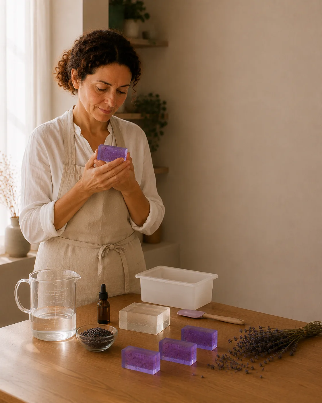 Mujer sosteniendo y oliendo un jabón artesanal recién elaborado, rodeada de ingredientes naturales sobre una mesa de madera luminosa