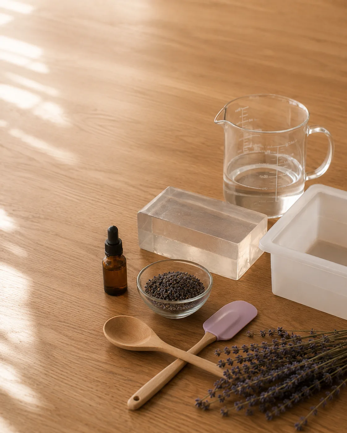 Ingredientes y herramientas de jabonería natural — aceite esencial, flores de lavanda secas, glicerina y utensilios de madera — sobre una mesa iluminada por luz de mañana
